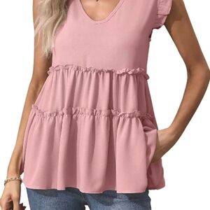Ruffle Tiered Sleeveless Top Pink Babydoll Style V-Neck S Ruffle Trim